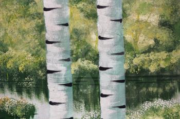 Close up of the birch trunk located on a birchwood background 