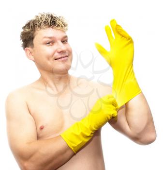 man in yellow rubber gloves on white background