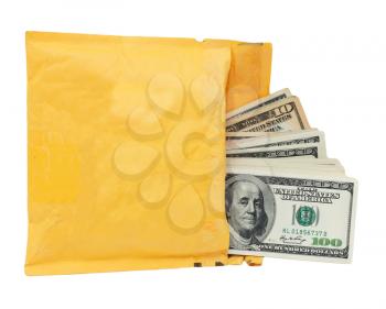 yellow mailing envelope with dollars on a white background