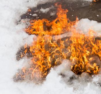 fiery flame on the white snow in winter