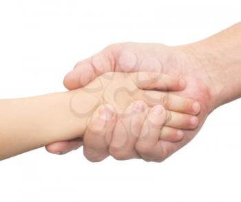 hands of father and son on a white background