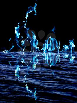 blue flame fire with reflection in water