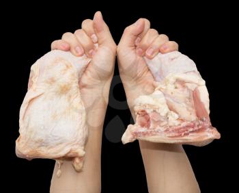 chicken leg in hand on a black background