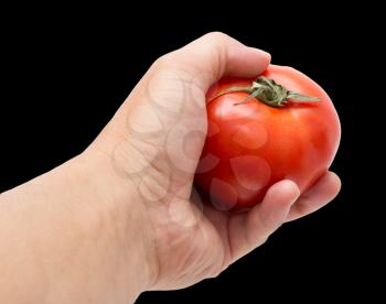 tomato in hand on a black background