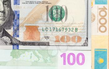 dollars, euros and tenge as background