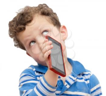 boy with the phone on a white background
