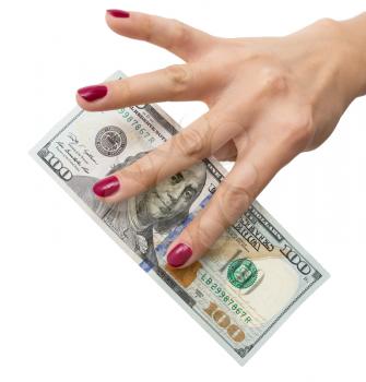 dollars in the hand of the girl on a white background