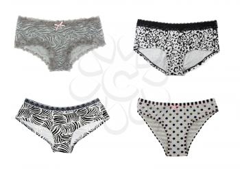 Collage of four simple gray women's panties. Isolate on white