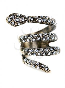 A ring with stones in the form of a snake on a white background