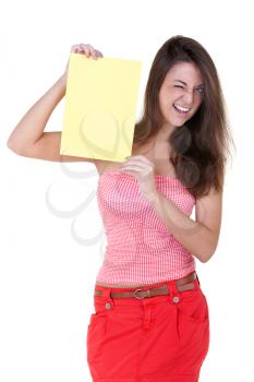 Beautiful girl with a yellow sheet of paper, isolate on white