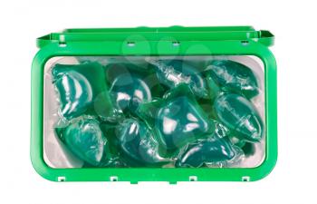 Green gel laundry capsules in box