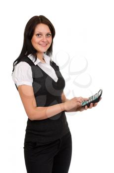 Beautiful smiling girl with a calculator in hand. Isolate on white.