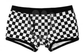 Men's boxer shorts in black and white checkered. Isolate on white.