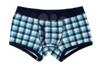 Mens boxer shorts in blue and gray checkered. Isolate on white.