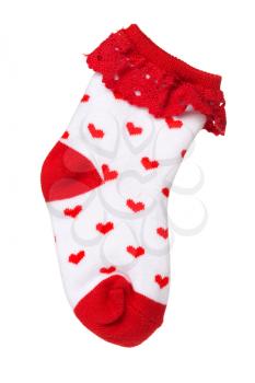 Sock with a red pattern heart. Isolate on white.
