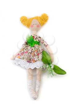 Knitted doll with fishnet pantyhose tilde. Isolate on white.