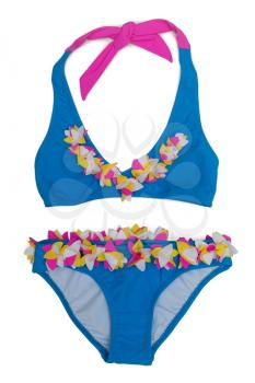Blue children's swimsuit with colored patches. Isolate on white.