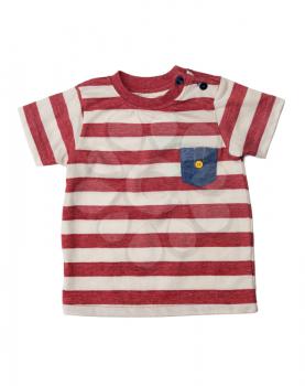 Striped children's shirt with a denim pocket. Isolate on white.
