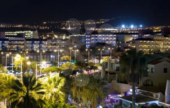 View the city at night Costa Adeje with palm trees.