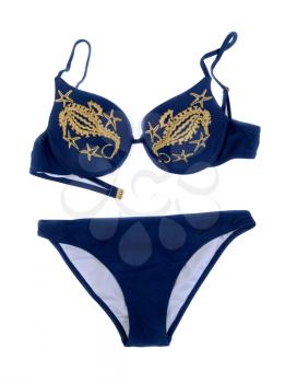Blue swimsuit with gold pattern. Isolate on white background.