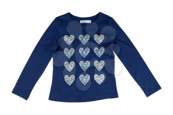 Blue jacket with long sleeves with a heart pattern. Isolate on white.