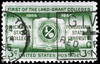 Royalty Free Photo of 1955 US Stamp for Founding of Michigan State College and Pennsylvania State, 1st of the Land-Grant Institutions