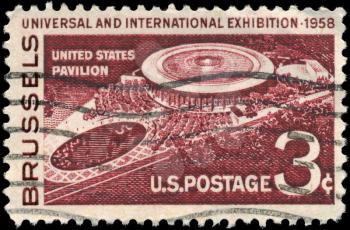 Royalty Free Photo of 1958 US Stamp Shows US Pavilion at Brussels, Opening of the Universal and International Exhibition