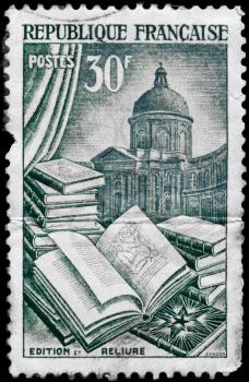 FRANCE - CIRCA 1955: A Stamp printed in FRANCE shows the University of Paris with the description Publishing and Bookbinding, circa 1955