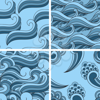 4 Vector Seamless Wavy Abstract Patterns. Blue waves
