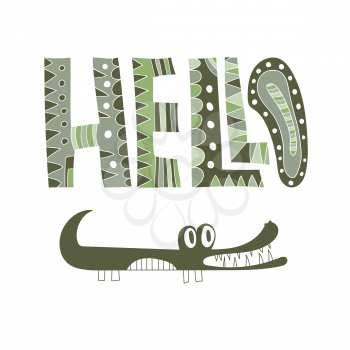 Vector Hello Greeting Card with Green Crocodile