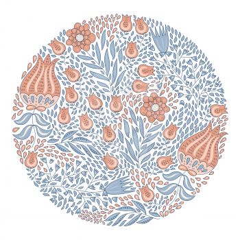 Vector Circle Pattern  with Flowers and Leaves. Spring or Summer  Greeting Card