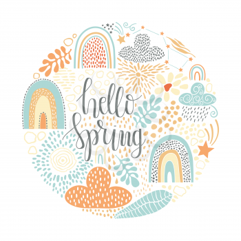 Hello Spring Circle Composition. Vector Background. Sky with Rainbows and Clouds. Scandinavian Style Pattern