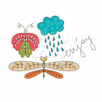 Vector Greeting Card with Cloud , Dragonfly, and Butterfly. Funny Summer Outdoor Doodles.Enjoy lettering slogan