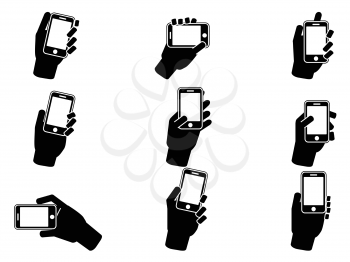 isolated hand holding smartphone icons from white background 	