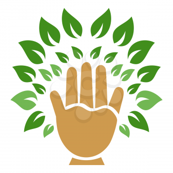 humans's hand with tree leaves for logo design