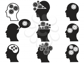isolated black head with gears icon set from white background