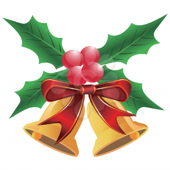 isolated Christmas holly leaf with bells from white background