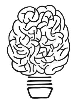 isolated doodle hand drawn brain lightbulb outline on white background