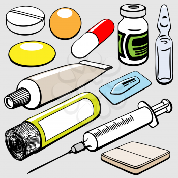 Royalty Free Clipart Image of Medical Objects on a Grey Background