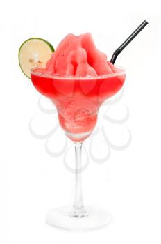 frozen strawberry  margarita daiquiri with lime and black straw isolated on white background