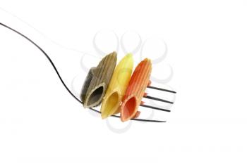 italian penne pasta on a fork ,on white background