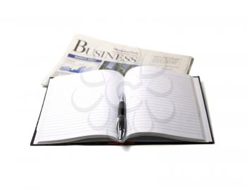 newspaper,pen and notebook on white background