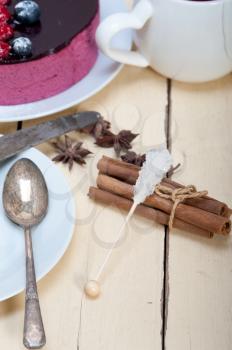 blueberry and raspberry cake mousse dessert with spice 