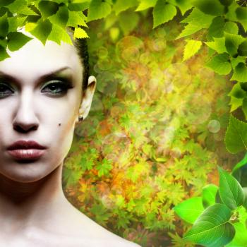 Lady Nature. Abstact natural backgrounds with beauty female portrait
