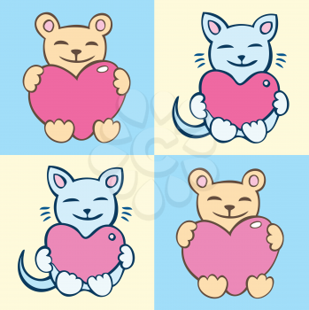Royalty Free Clipart Image of Kittens and Bears Holding Hearts