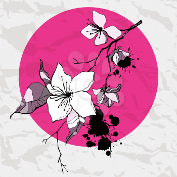 Royalty Free Clipart Image of a White Flower on a Pink Circle With an Ink Spot