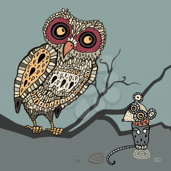 Decorative Owl and  Mouse. Funny cartoon illustration.