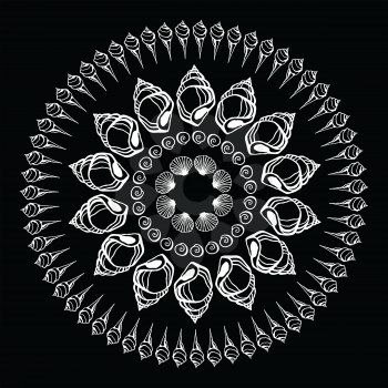 Mandala on black background. Sea Shells ornament. Ethnic Summer vintage pattern.