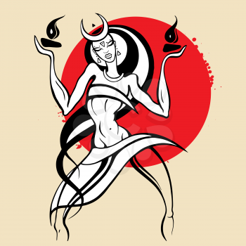 Beautiful young woman dancing with fire. Hand drawn Vector illustration, White background