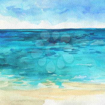 Ocean landscape, Sea side, Beach. Beautiful watercolor hand painting illustration.